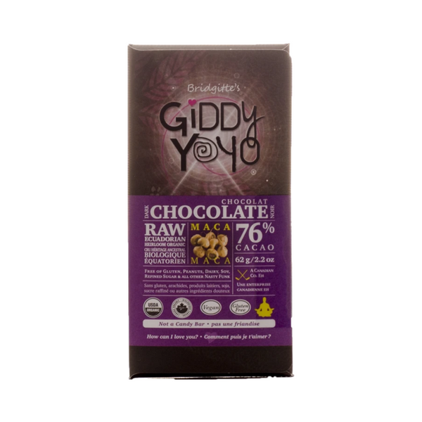 Giddy Yoyo Maca 76% Dark Chocolate Bar Certified Organic 62g